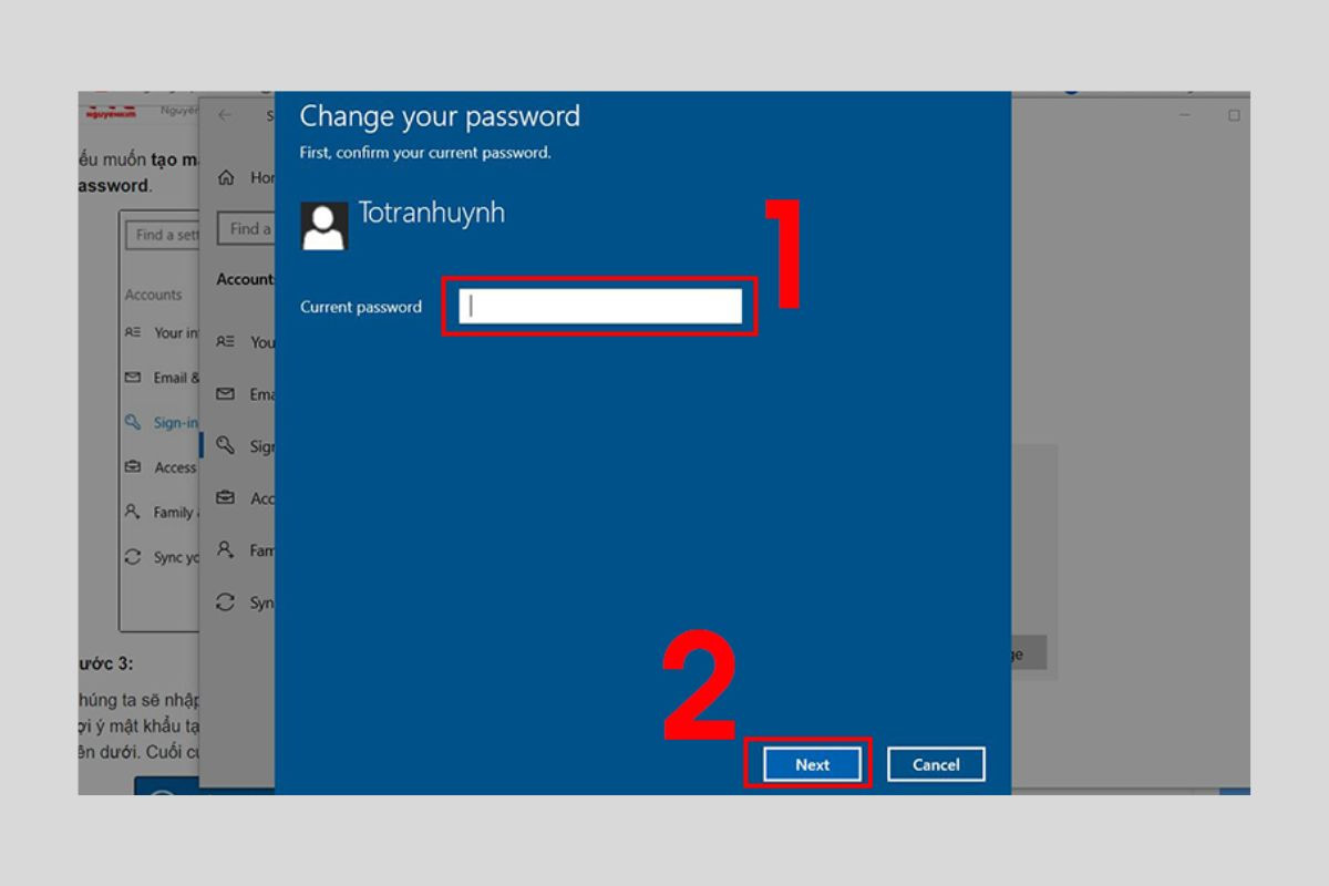 Nhập mật khẩu máy tính hiện tại rồi nhấn Next