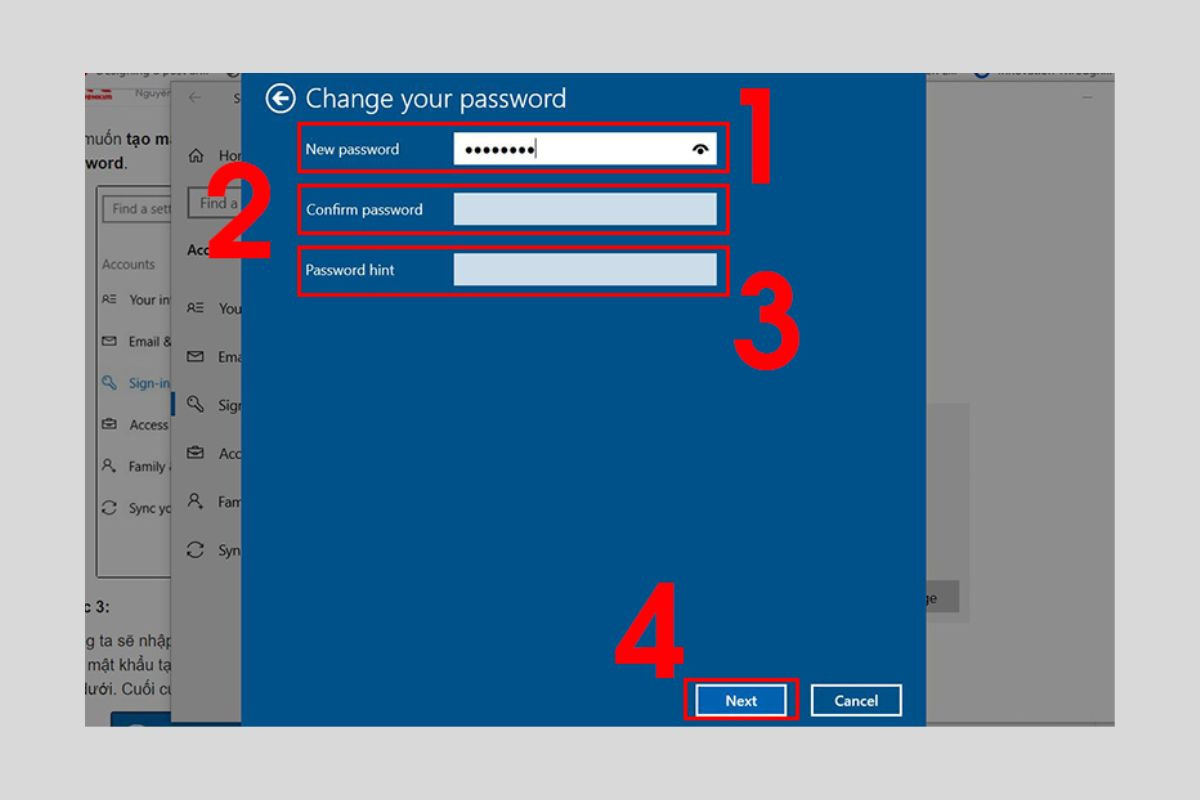 Hoàn thành thay đổi mật khẩu máy tính trong Windows Settings