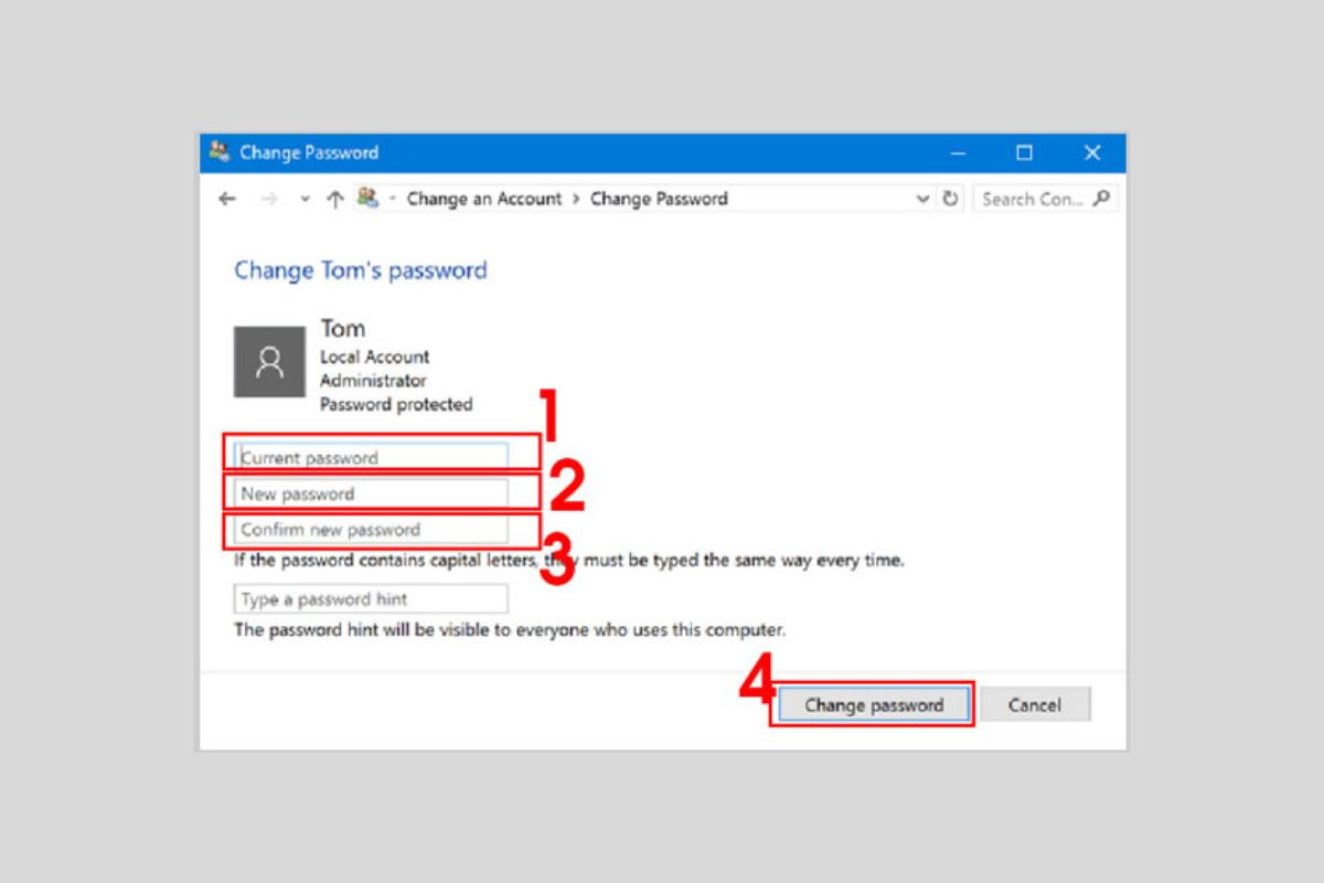 Tiến hành thay đổi mật khẩu cho máy tính Windows 10