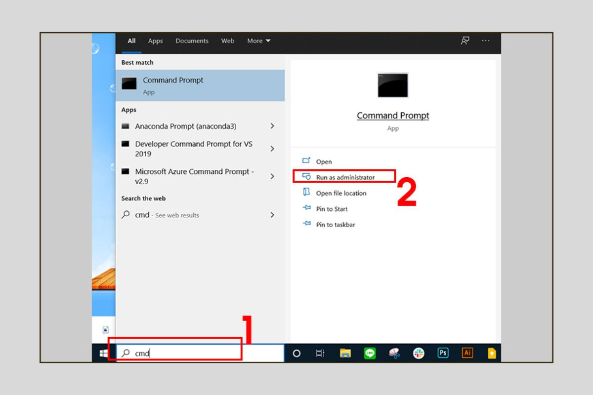 Tìm chọn Command Prompt trong thanh tìm kiếm taskbar