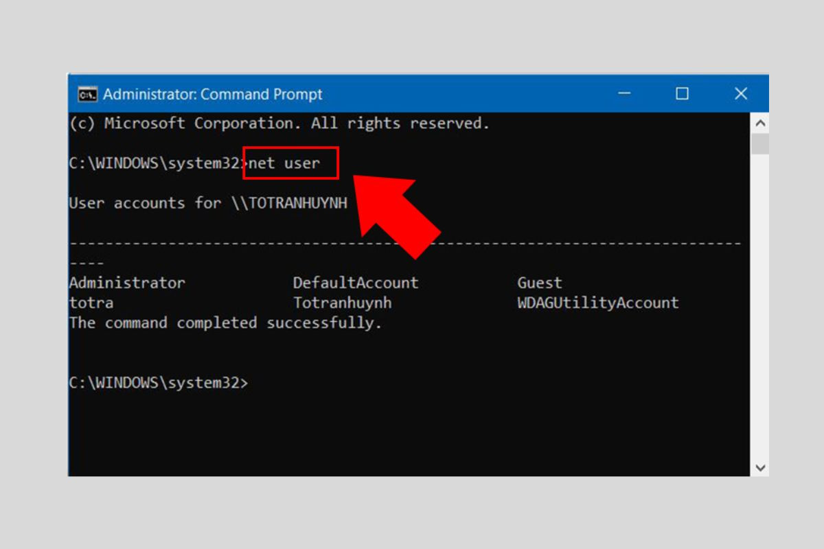 Nhập net user trong Command Prompt