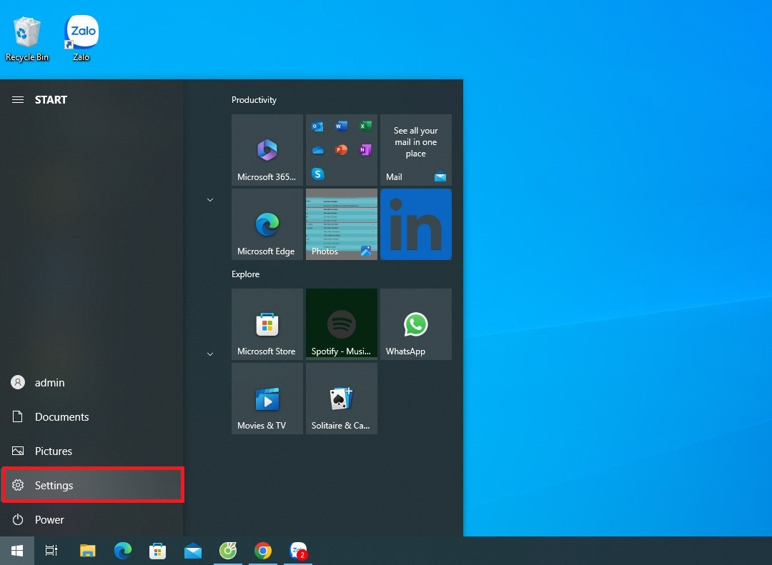 Chọn vào mục Settings trong Windows