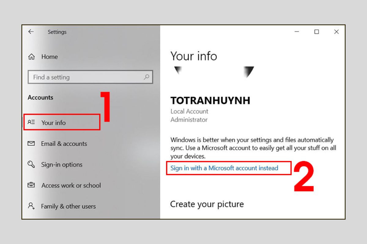 Chọn Sign in with a Microsoft account instead trong mục Your info