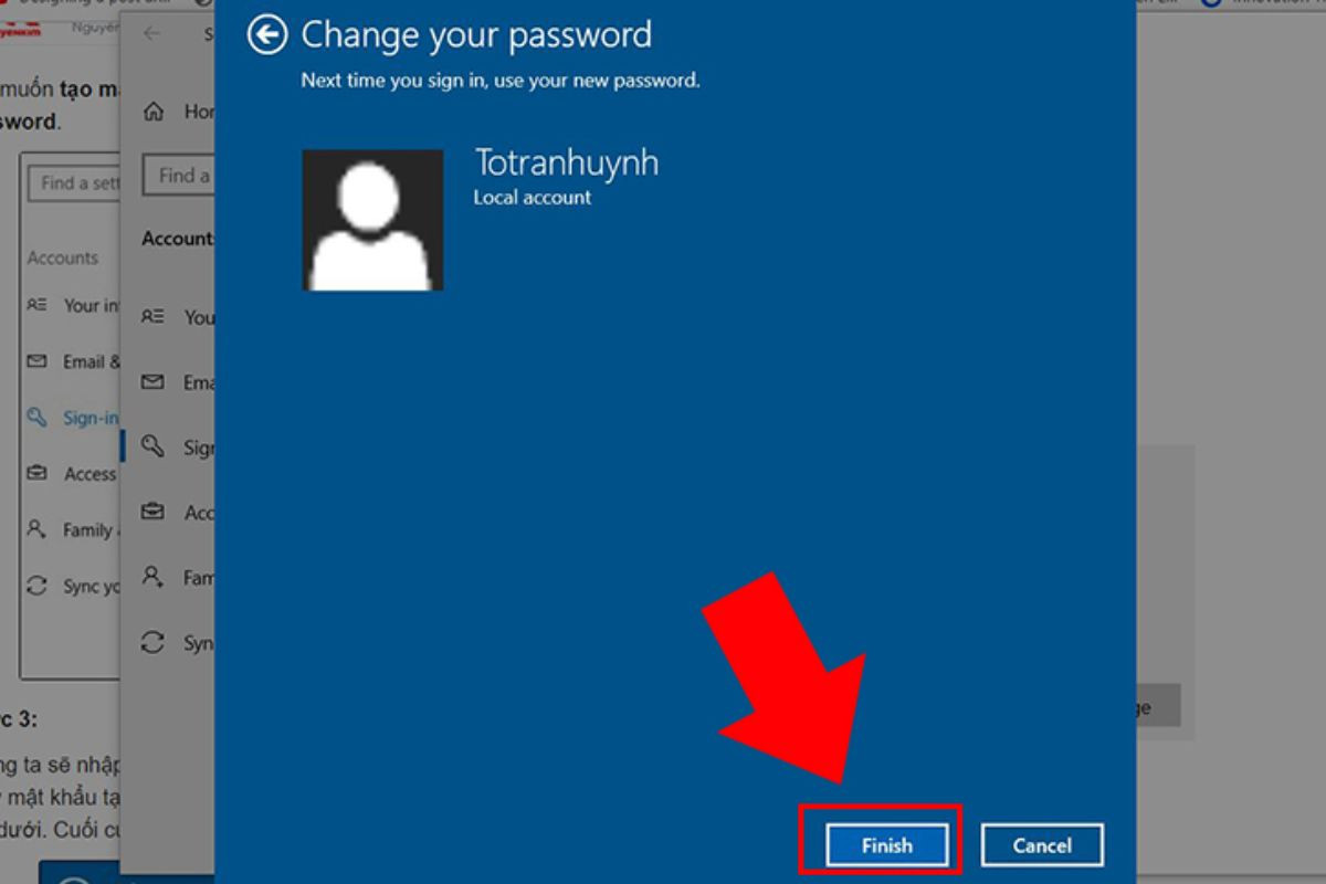 Nhấn Finish để hoàn tất việc thay đổi mật khẩu