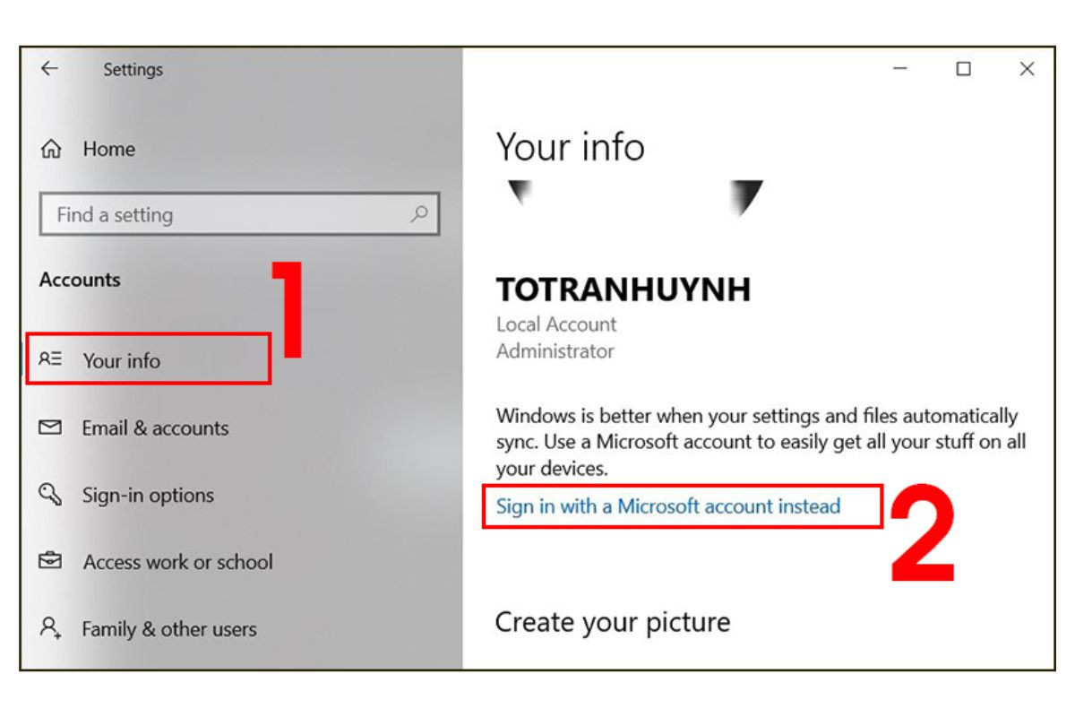 Chọn vào mục Your info và tiếp tục nhấn vào Sign in with a Microsoft account instead