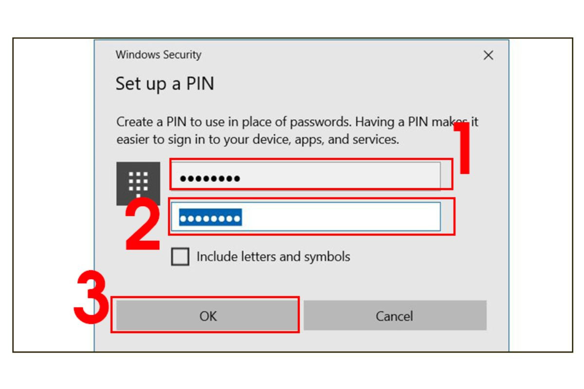 Nhập mã Pin mới rồi xác nhận mã Pin và nhấn OK để hoàn thành thiết lập cách đặt pass máy tính Win 10