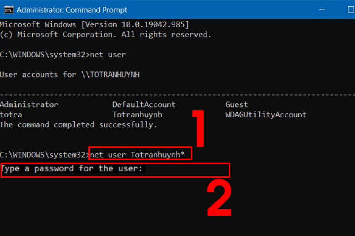 Nhập lệnh net user USERNAME với USERNAME chính là tên tài khoản cần đổi mật khẩu