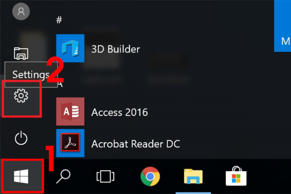 Nhấp vào biểu tượng Start ở góc dưới bên trái màn hình, sau đó chọn Settings