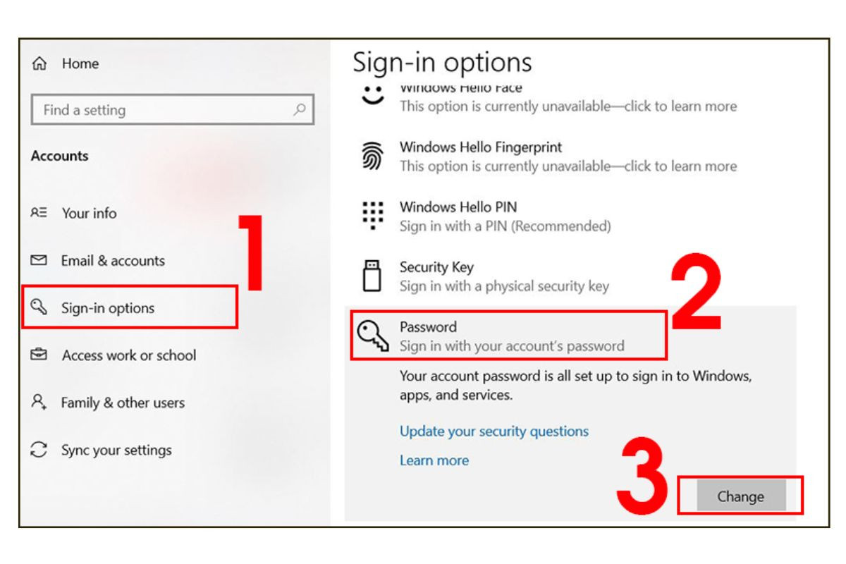 Tiếp tục chọn Sign-in options sau đó ở mục Password, chọn Change