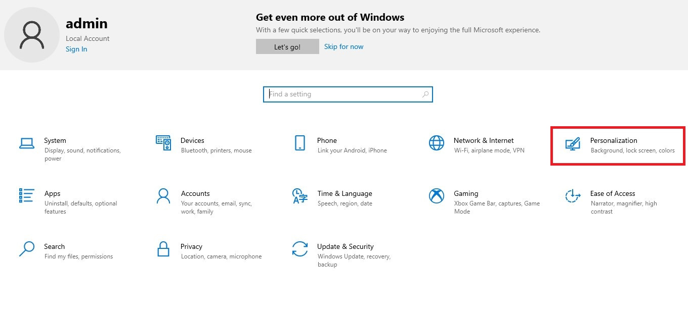 Chọn Personalization trong mục Cài đặt