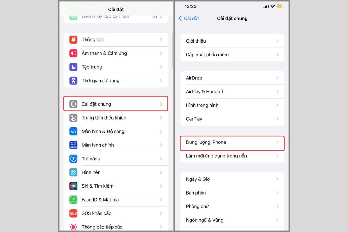 Chọn mục Cài đặt, chọn Cài đặt chung và truy cập mục Dung lượng iPhone