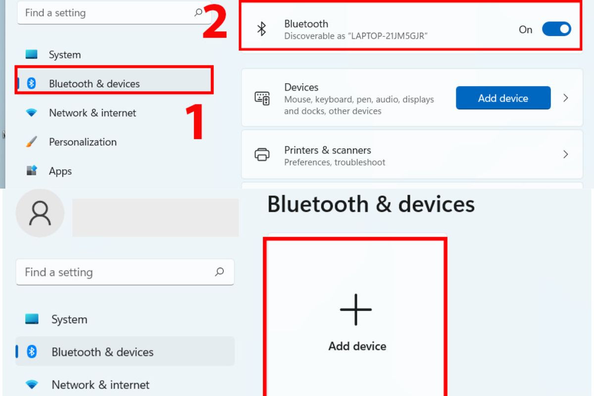  Nhấn vào Add device và chọn Bluetooth