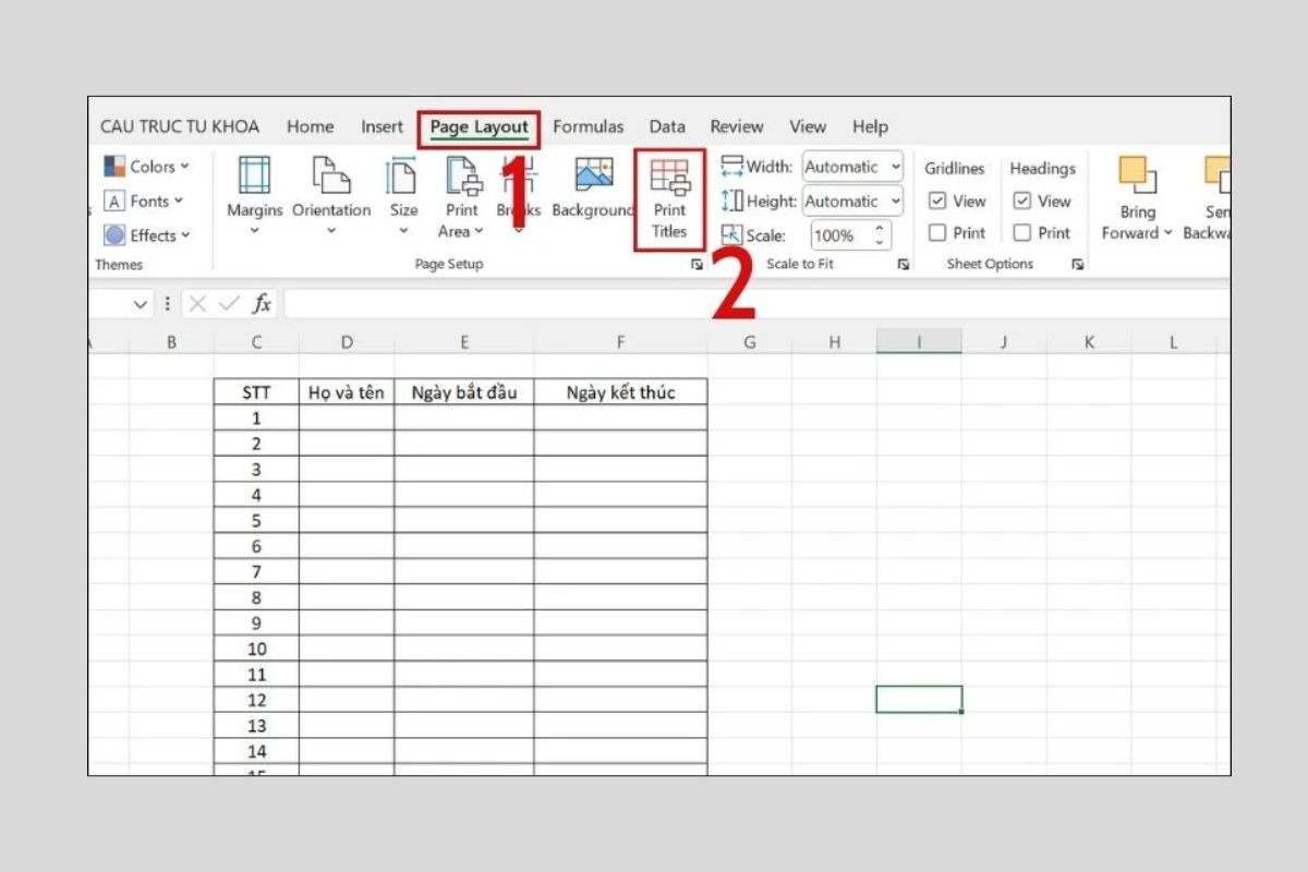 Chọn tính năng Print Titles trong mục Page Layout