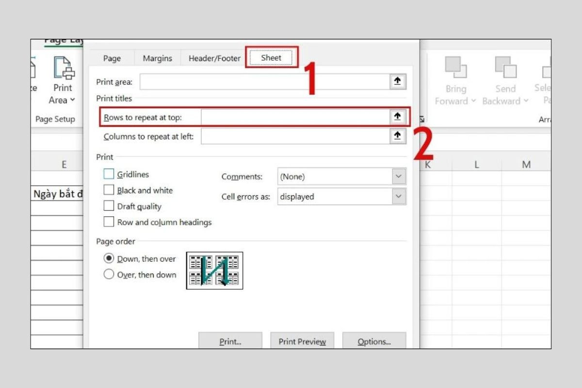 Chọn Rows to repeat at top trong mục Sheet