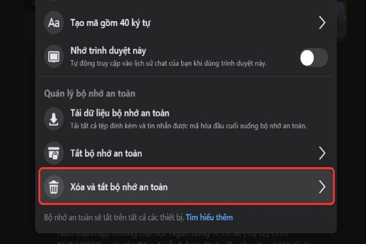 Chọn mục Xóa bộ nhớ an toàn