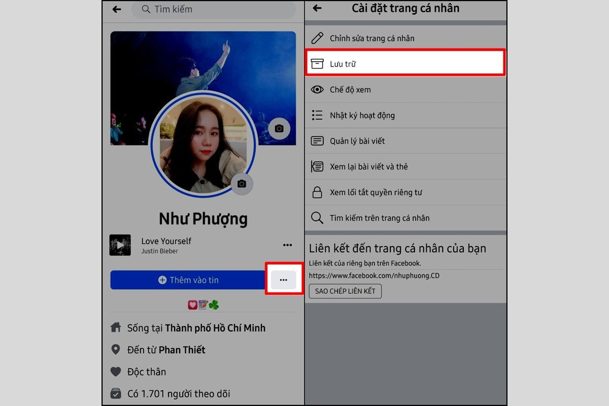 Truy cập trang cá nhân trên Facebook và chọn mục Lưu trữ