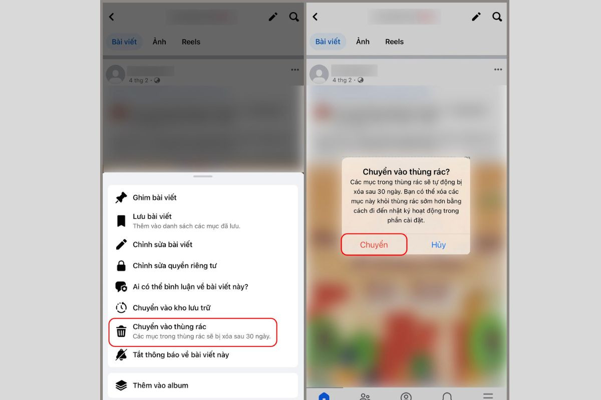 Nhấn chọn mục Chuyển vào thùng rác rồi nhấn Chuyển để xóa bài viết thành công