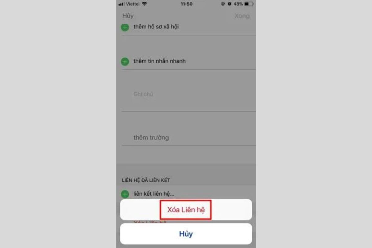 Nhấn chọn xóa liên hệ và xác nhận để việc xóa hoàn tất