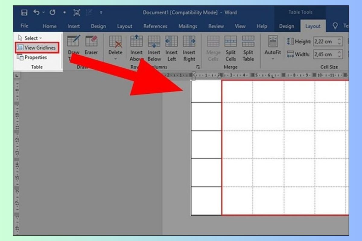 Chọn mục Table rồi chọn tiếp View Gridlines