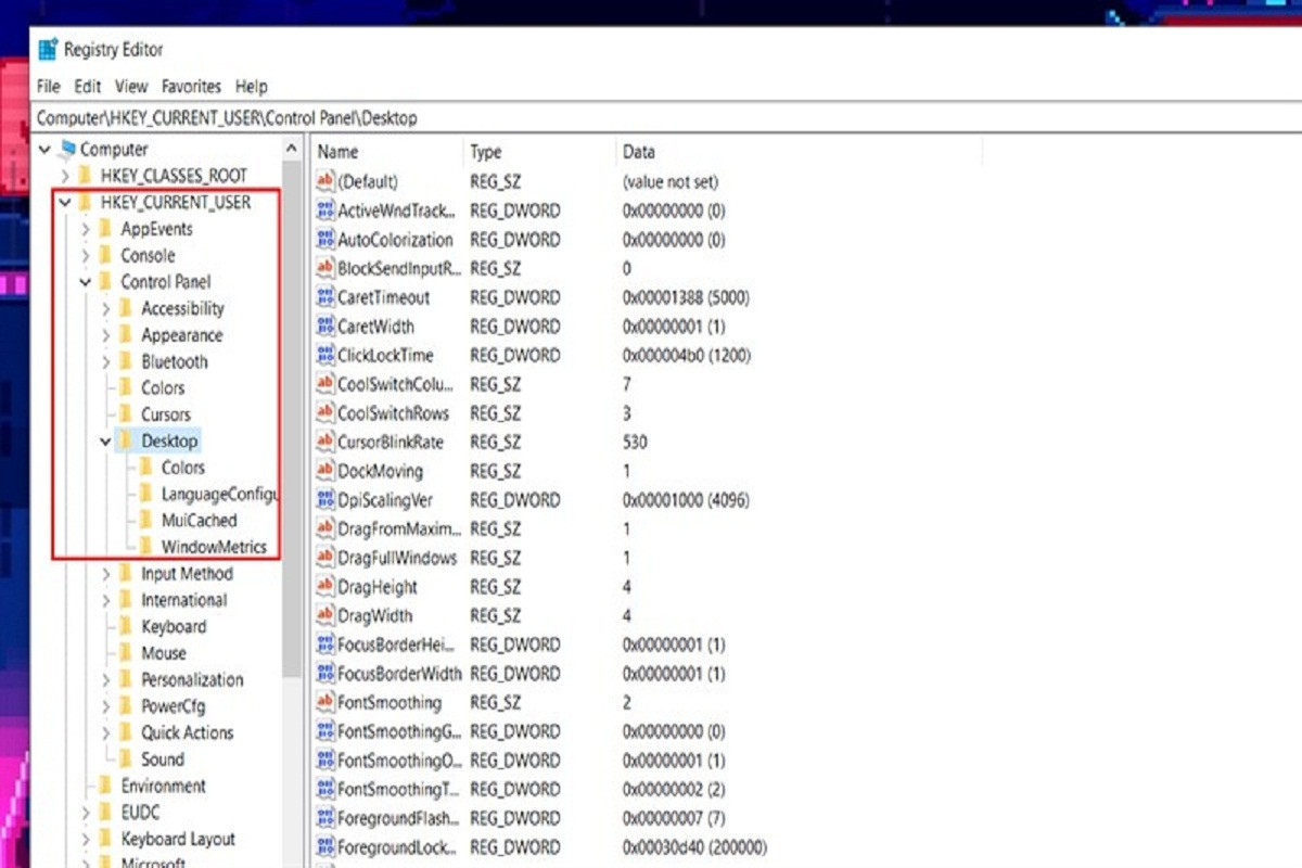 Click vào đường dẫn HKEY_CURRENT_USER\Control Panel\Desktop