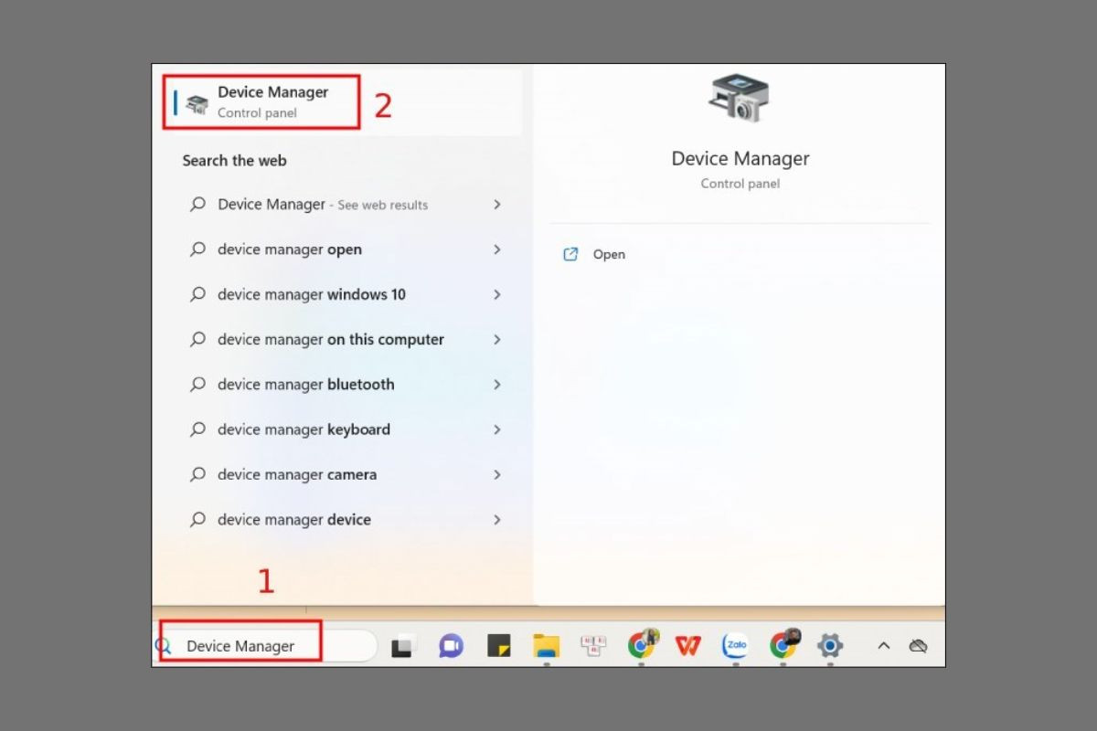 Tìm chọn Device Manager trong thanh tìm kiếm trên taskbar