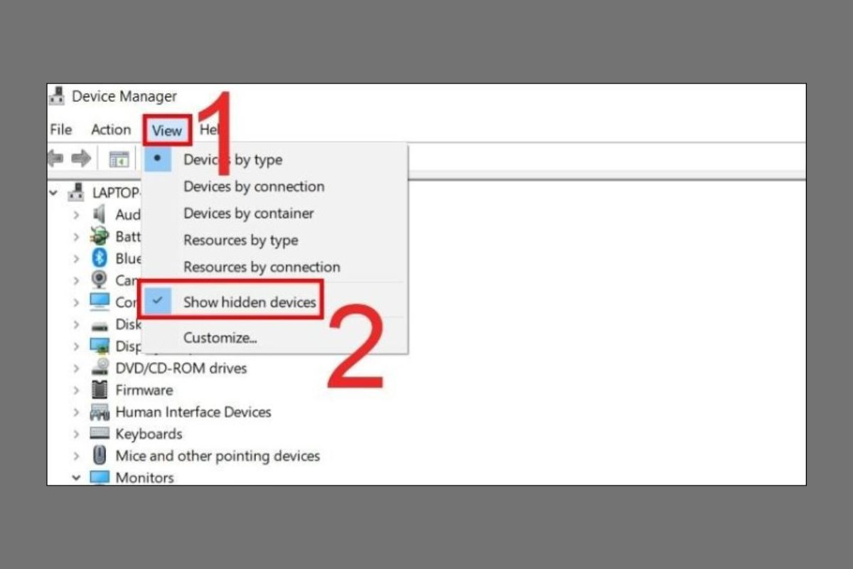 Chọn Show hidden devices trong mục View để xem thiết bị chạy ẩn