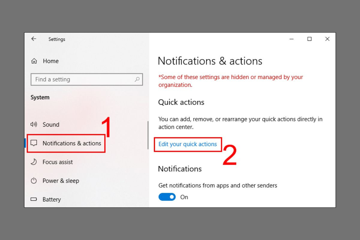 Chọn Edit your quick actions trong mục Notifications & actions