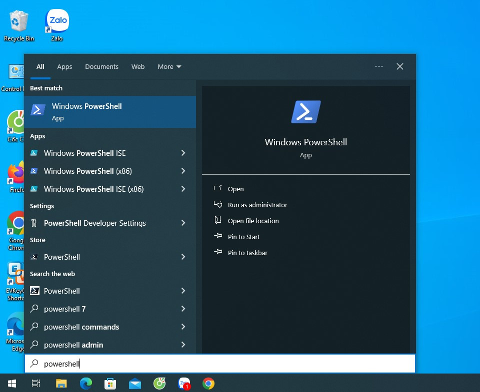 Nhập powershell vào thanh tìm kiếm ứng dụng