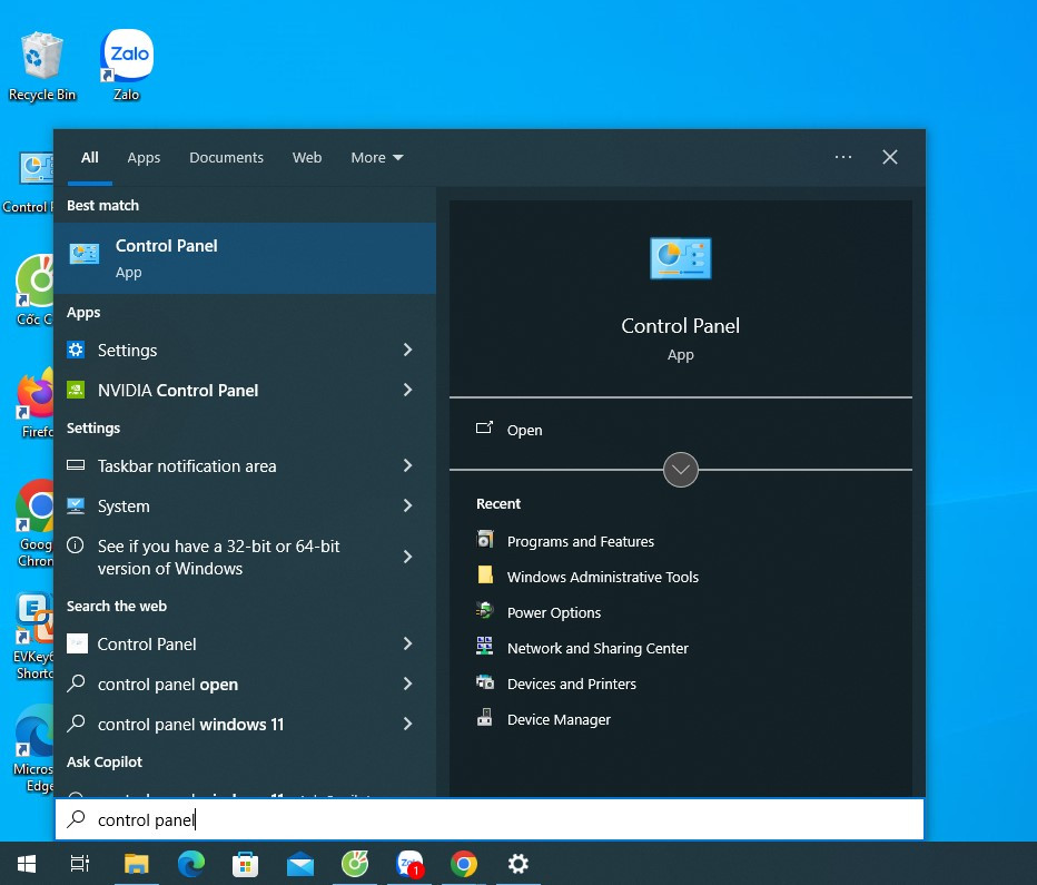 Nhập control panel trong thanh tác vụ tìm kiếm trên máy tính
