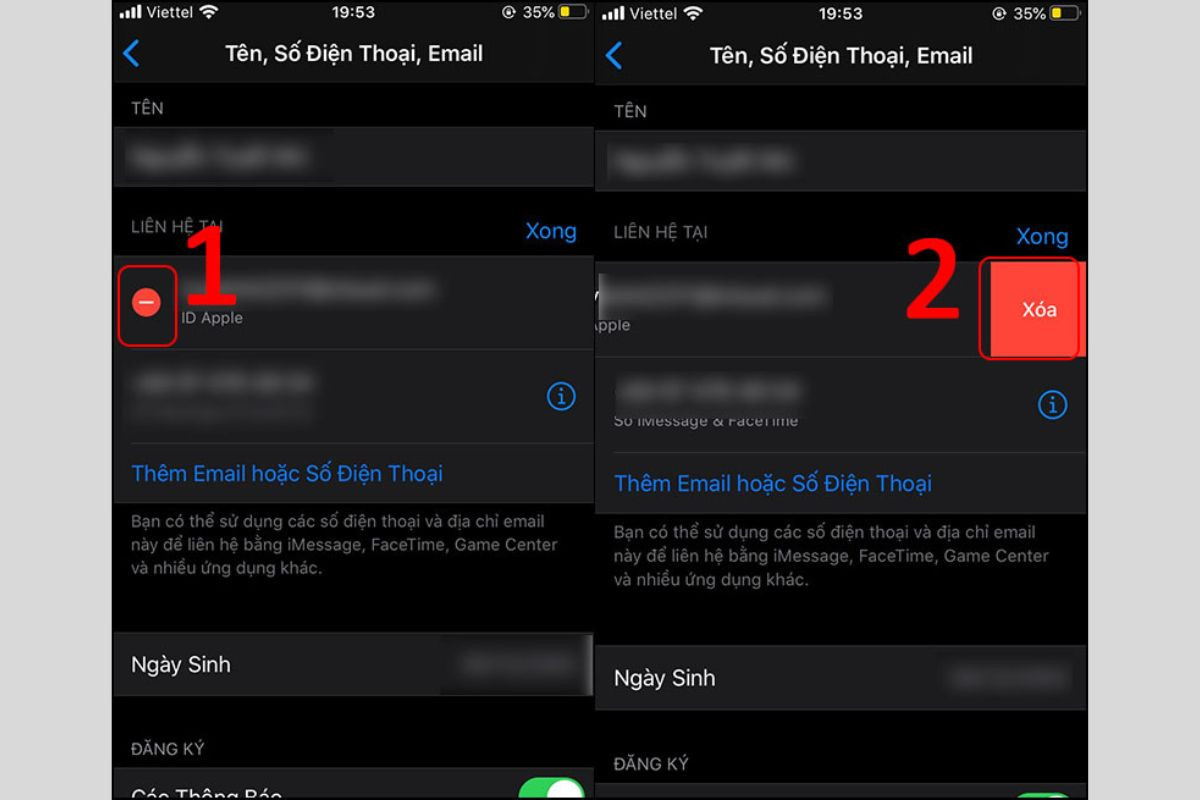 Truy cập mục Tên, Số điện thoại, Email và nhấn vào dấu - để xóa thông tin cũ