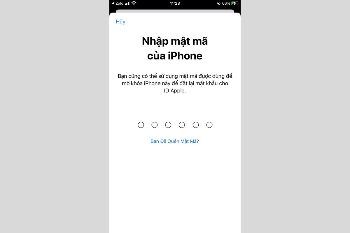 Nhập mật mã mở khóa iPhone để xác nhận đặt lại mật khẩu