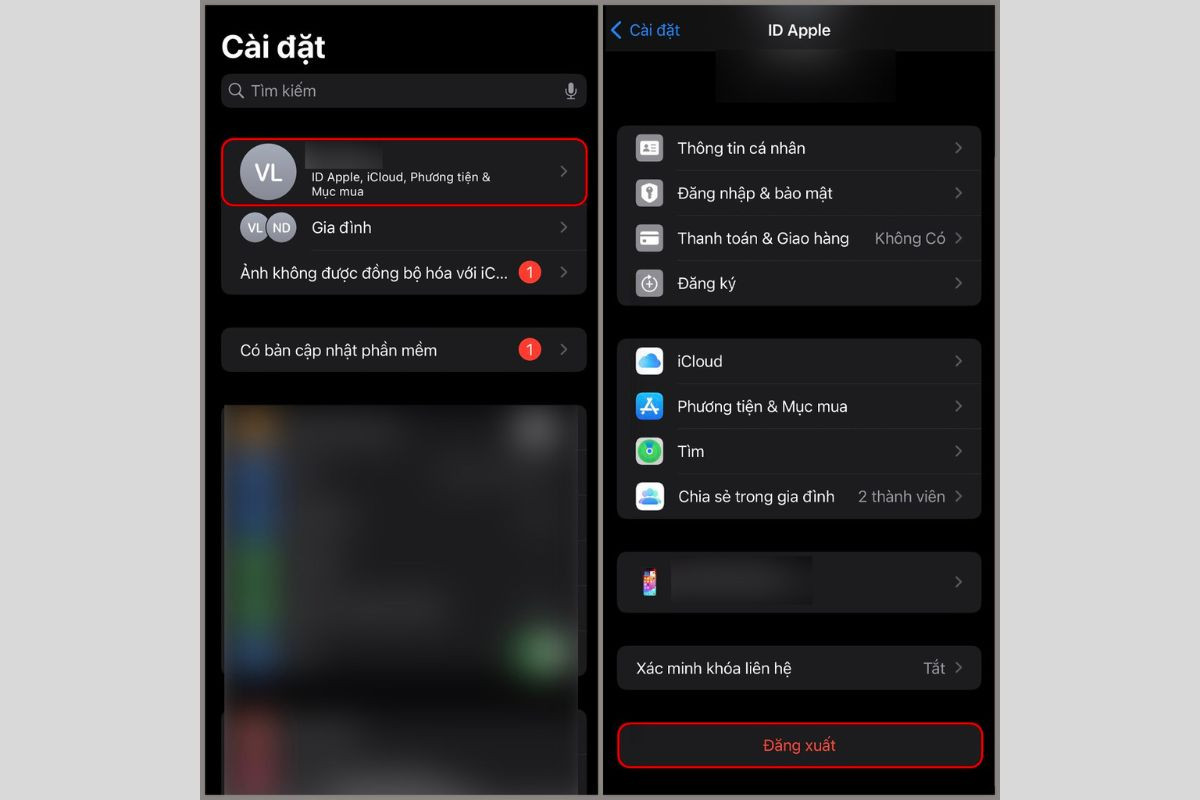 Truy cập tài khoản ID Apple cá nhân và nhấn chọn Đăng xuất
