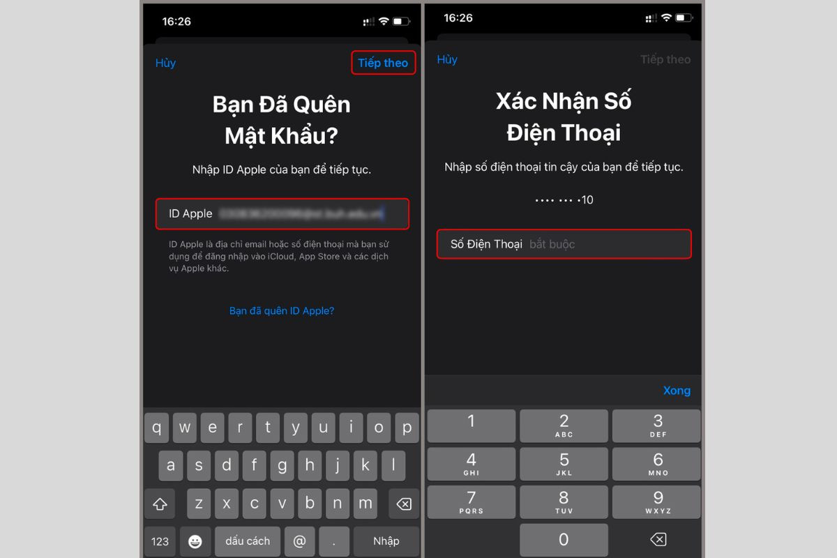 Nhập địa chỉ ID muốn khôi phục và nhập số điện thoại đã đăng ký iCloud trước đó