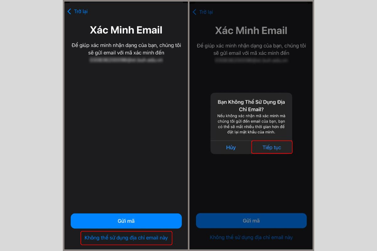 Bạn nhấn chọn Không thể sử dụng địa chỉ email này và nhấn Tiếp tục 