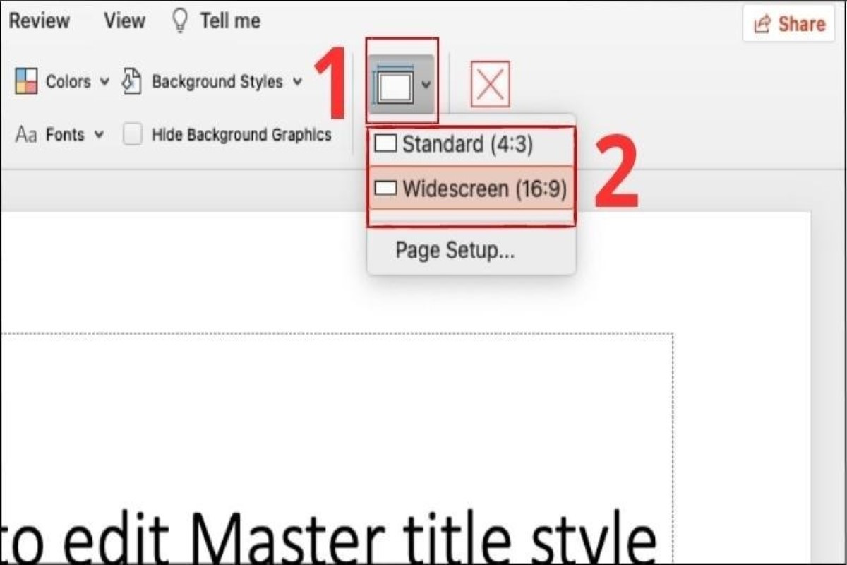 Chọn mục Slide Size rồi chọn tỷ lệ phù hợp