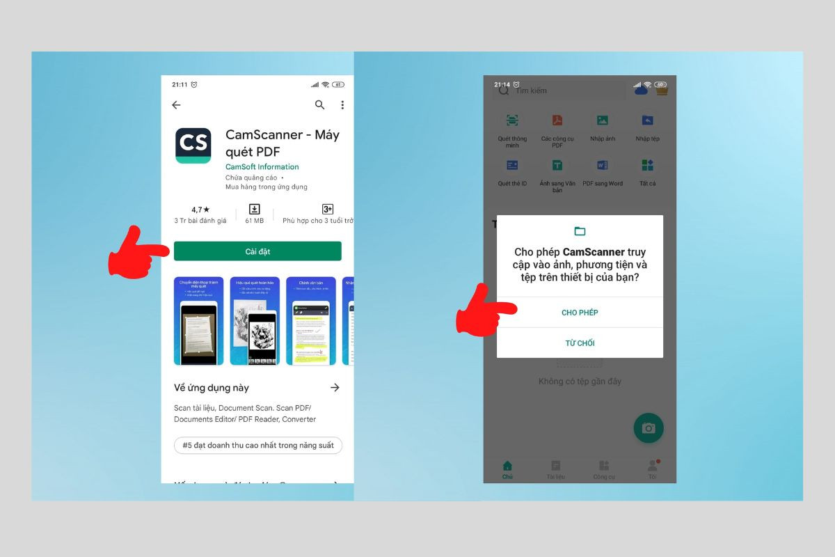 Tải và cấp quyền sử dụng ứng dụng Camscanner trên điện thoại