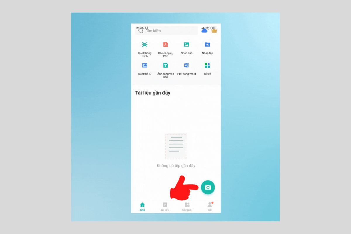 Nhấn vào biểu tượng camera màu xanh và chụp tài liệu cần scan