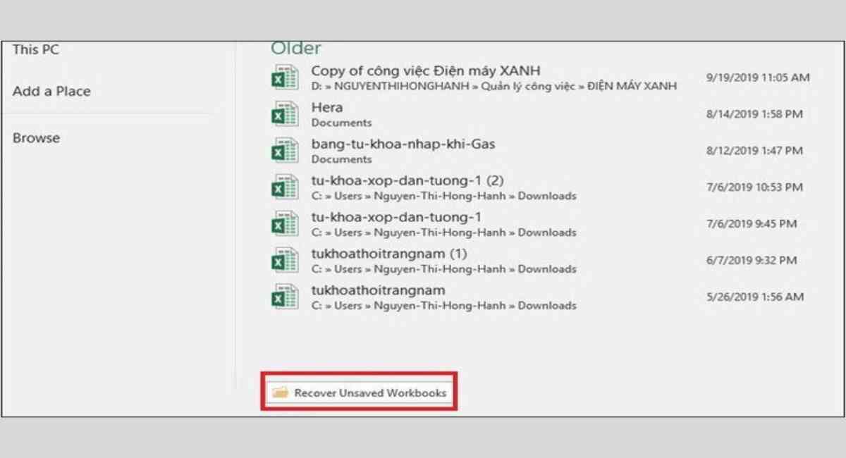 Người dùng kéo xuống phần dưới cùng màn hình và chọn mục “Recover Unsaved Workbooks”