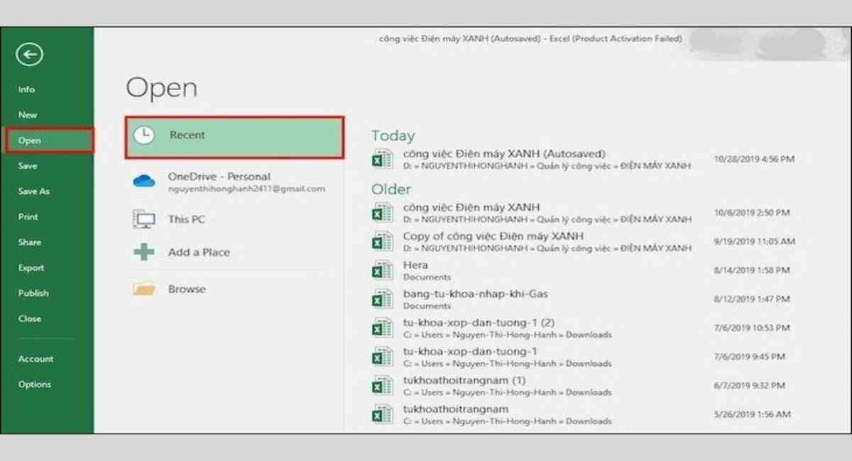 Chọn mục “File” rồi chọn “Open”, chọn “Recent” - bước quan trọng trong cách lấy lại file Excel chưa lưu