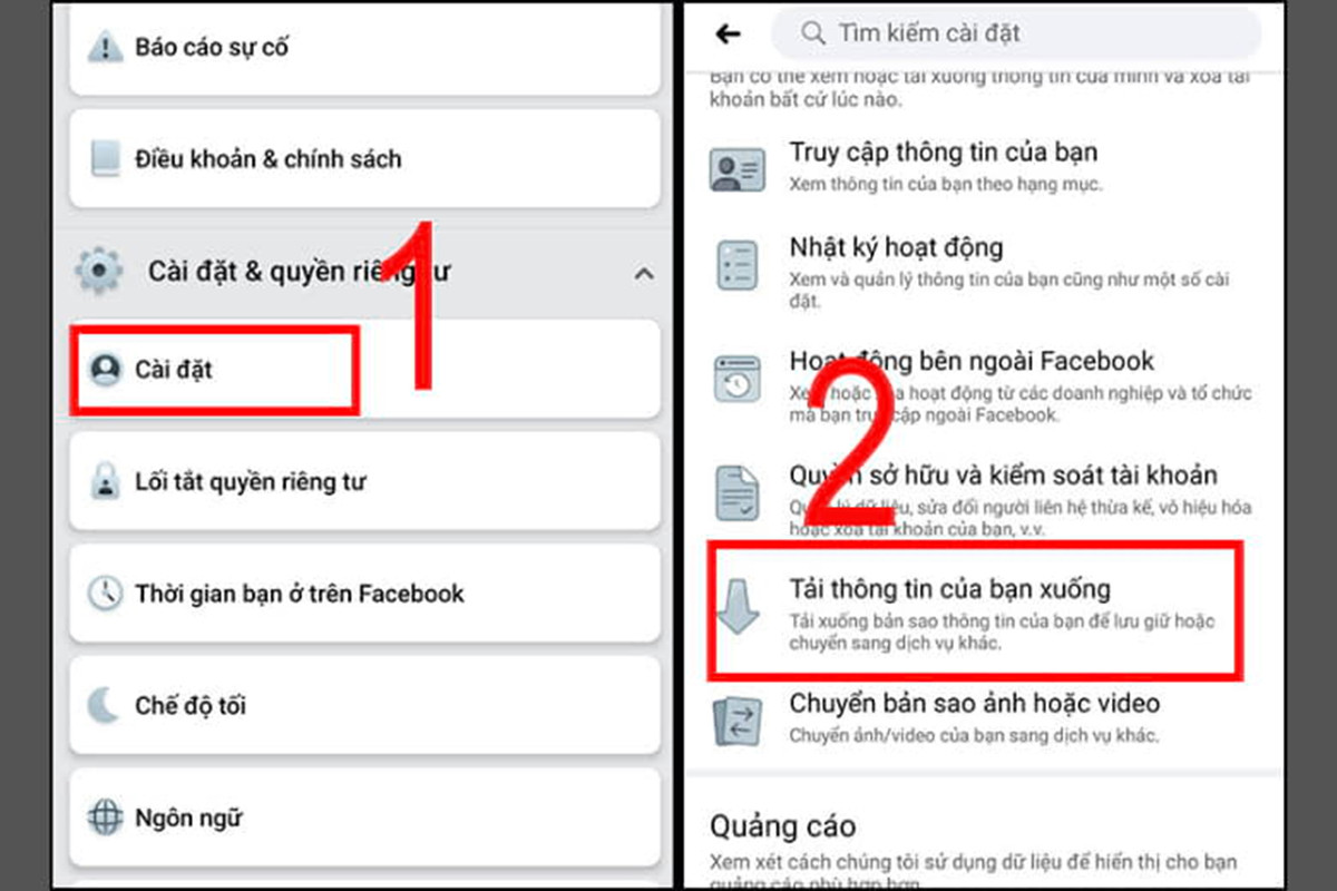 Bạn nhấn vào "Cài đặt" rồi bấm chọn mục "Tải thông tin của bạn xuống"