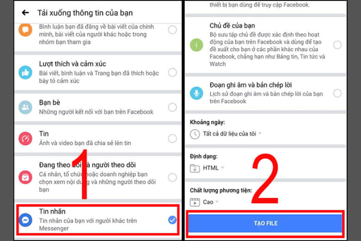 Bạn chọn mục "Tin nhắn" rồi nhấn vào "Tạo file" để tải sao lưu về điện thoại