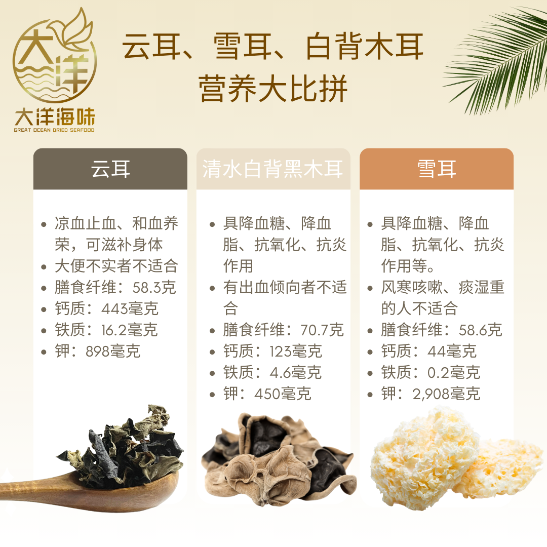 Comparison chart showing mouse ear black fungus, white-backed fungus and snow fungus|云耳、白背木耳与雪耳对比图