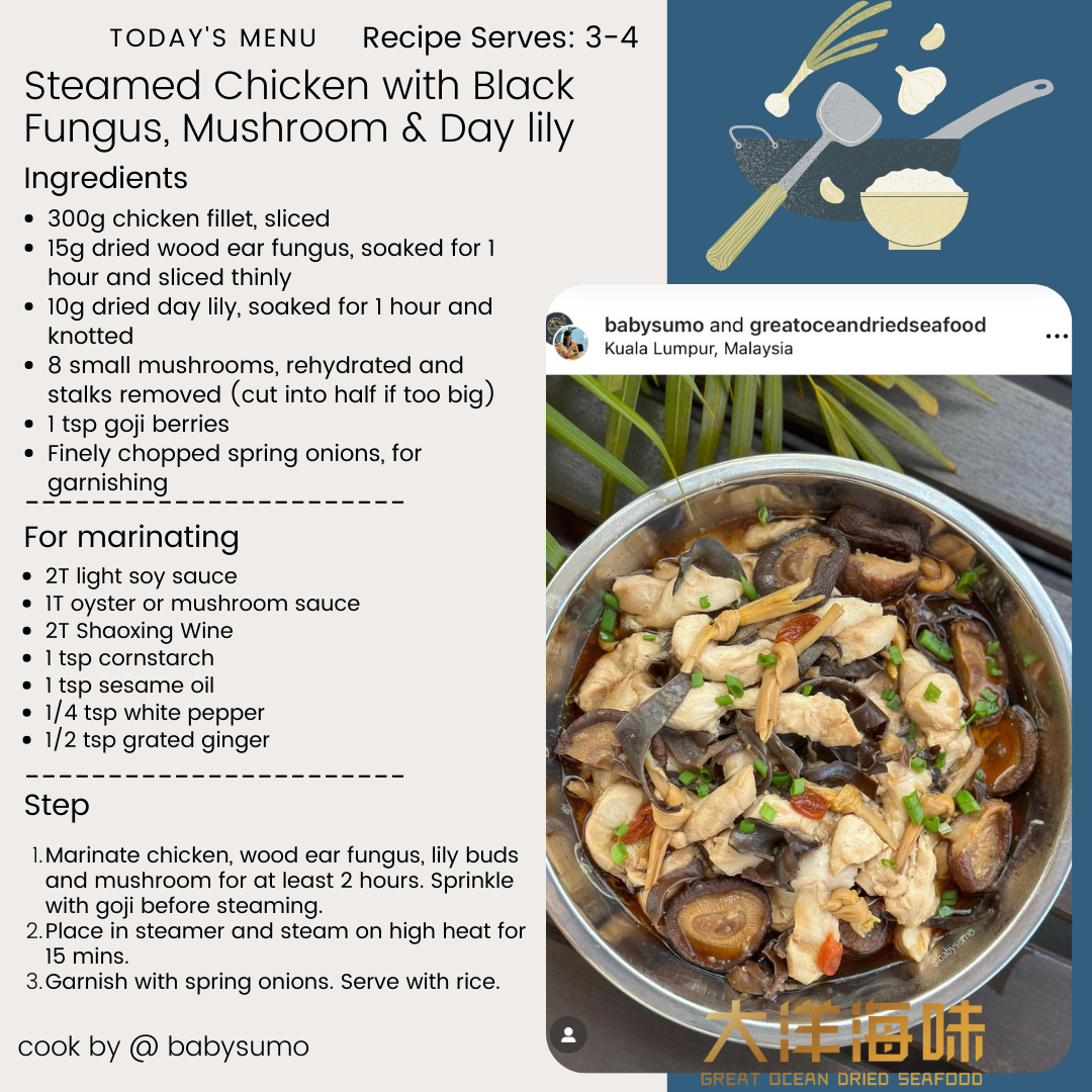English recipe card for steamed chicken with black fungus, mushrooms and day lily|黑木耳花菇金针菜蒸鸡英文食谱