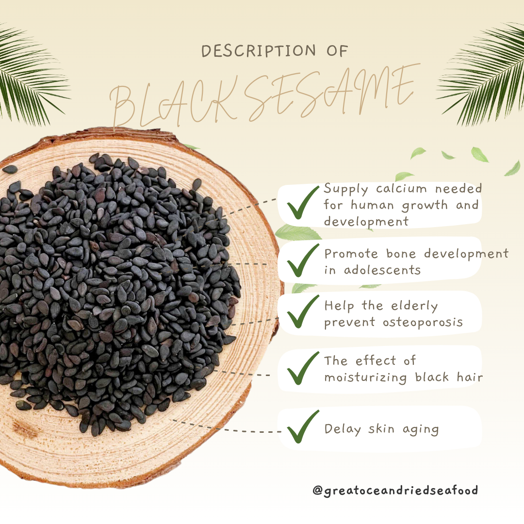English black sesame information card with seeds on a wooden slice｜黑芝麻英文说明图与木片上的芝麻