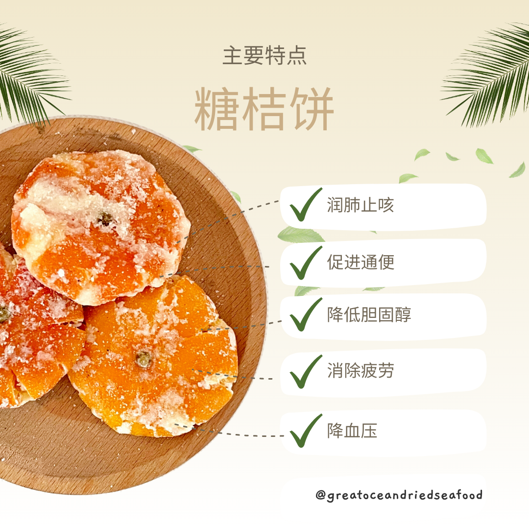 Chinese dried orange information card with sugared orange pieces｜糖桔饼中文说明图与橘饼切块
