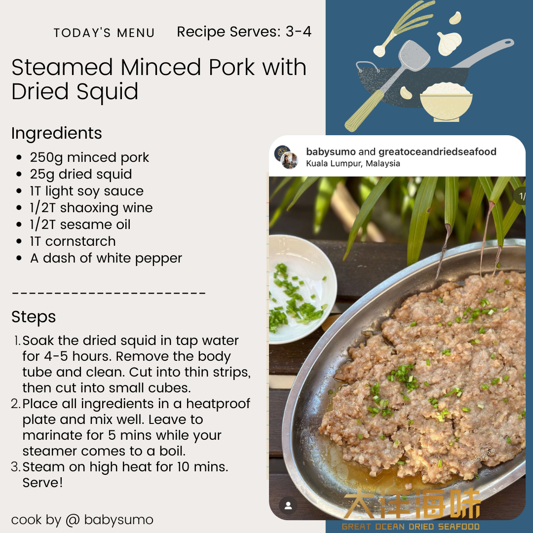 English recipe card for steamed minced pork with dried squid｜猪肉碎蒸吊片英文食谱