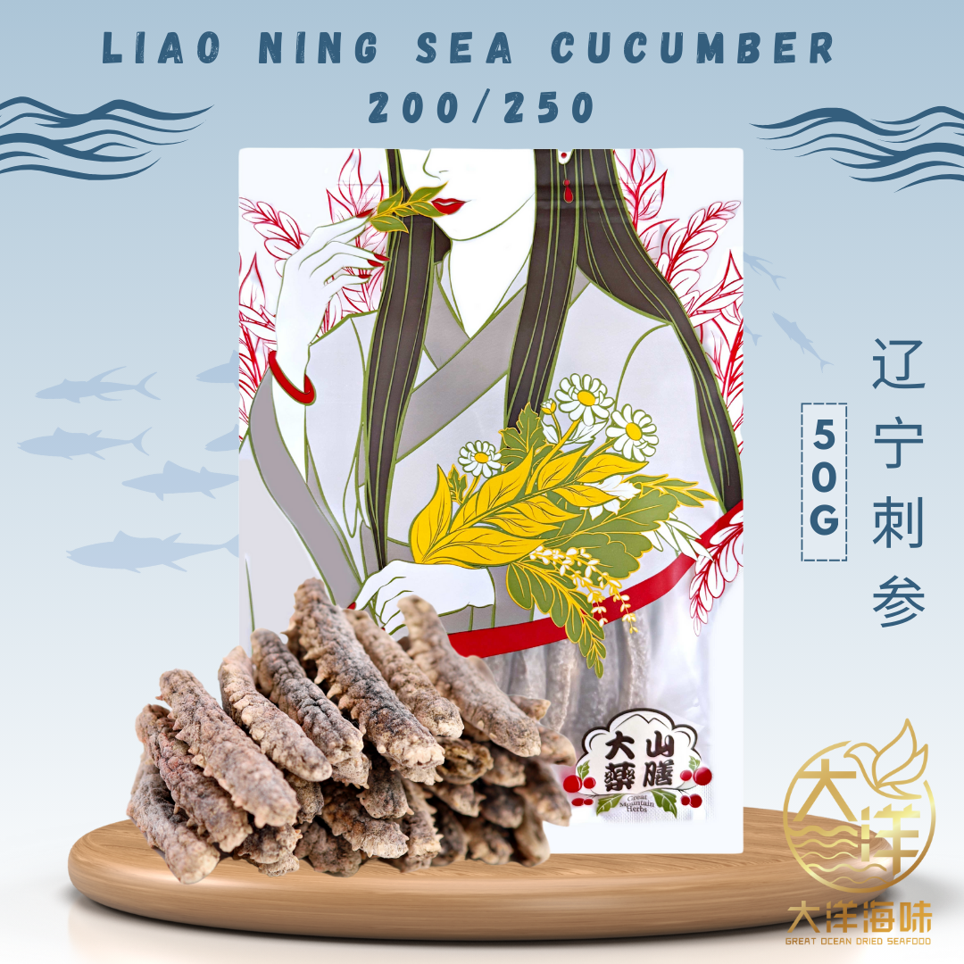 Great Ocean dried Liaoning sea cucumbers beside a 50g pack marked size 200/250|大洋辽宁刺参50g包装与干海参,标示200/250头