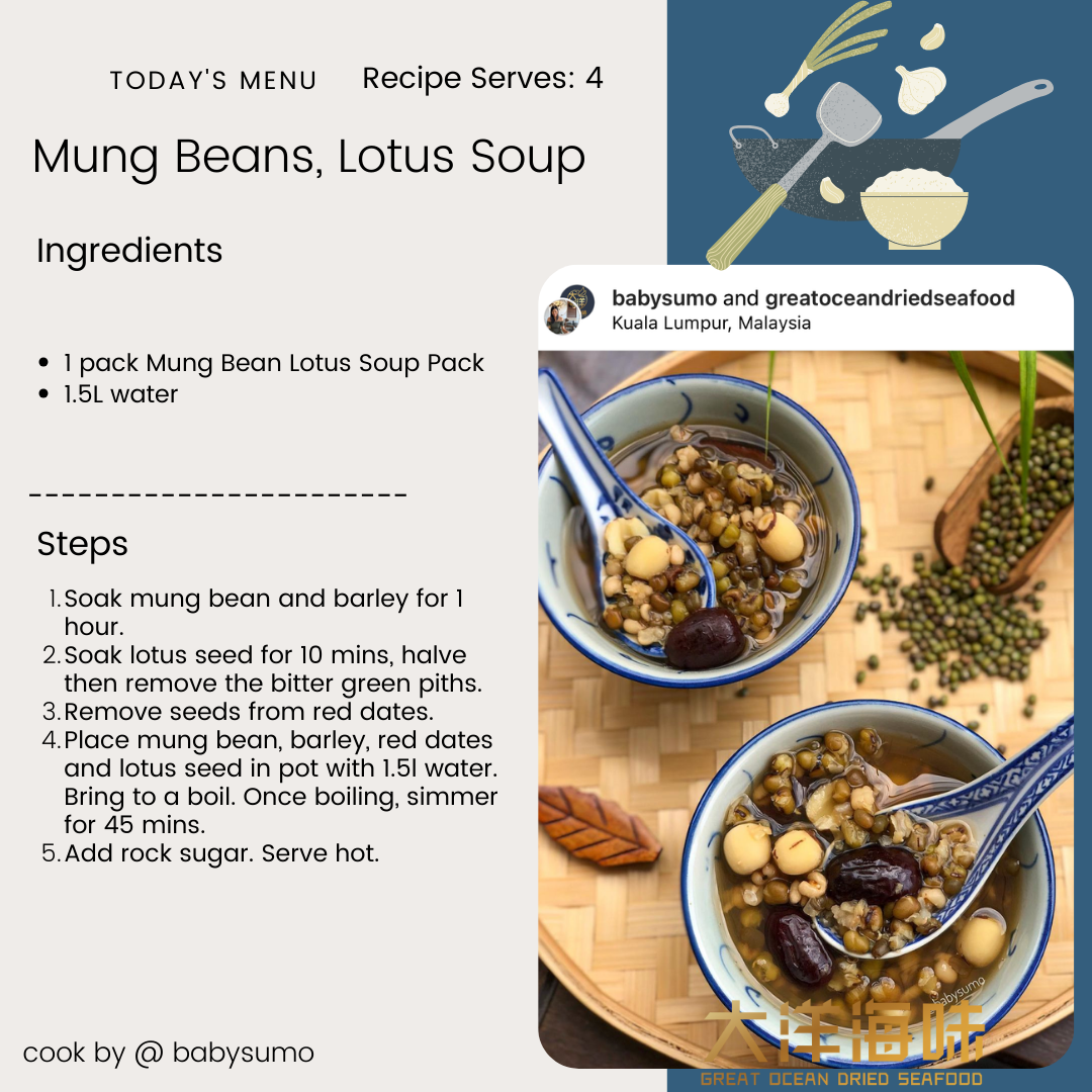 English recipe card for mung bean, lotus seed and barley sweet soup|莲子绿豆薏米甜汤英文食谱