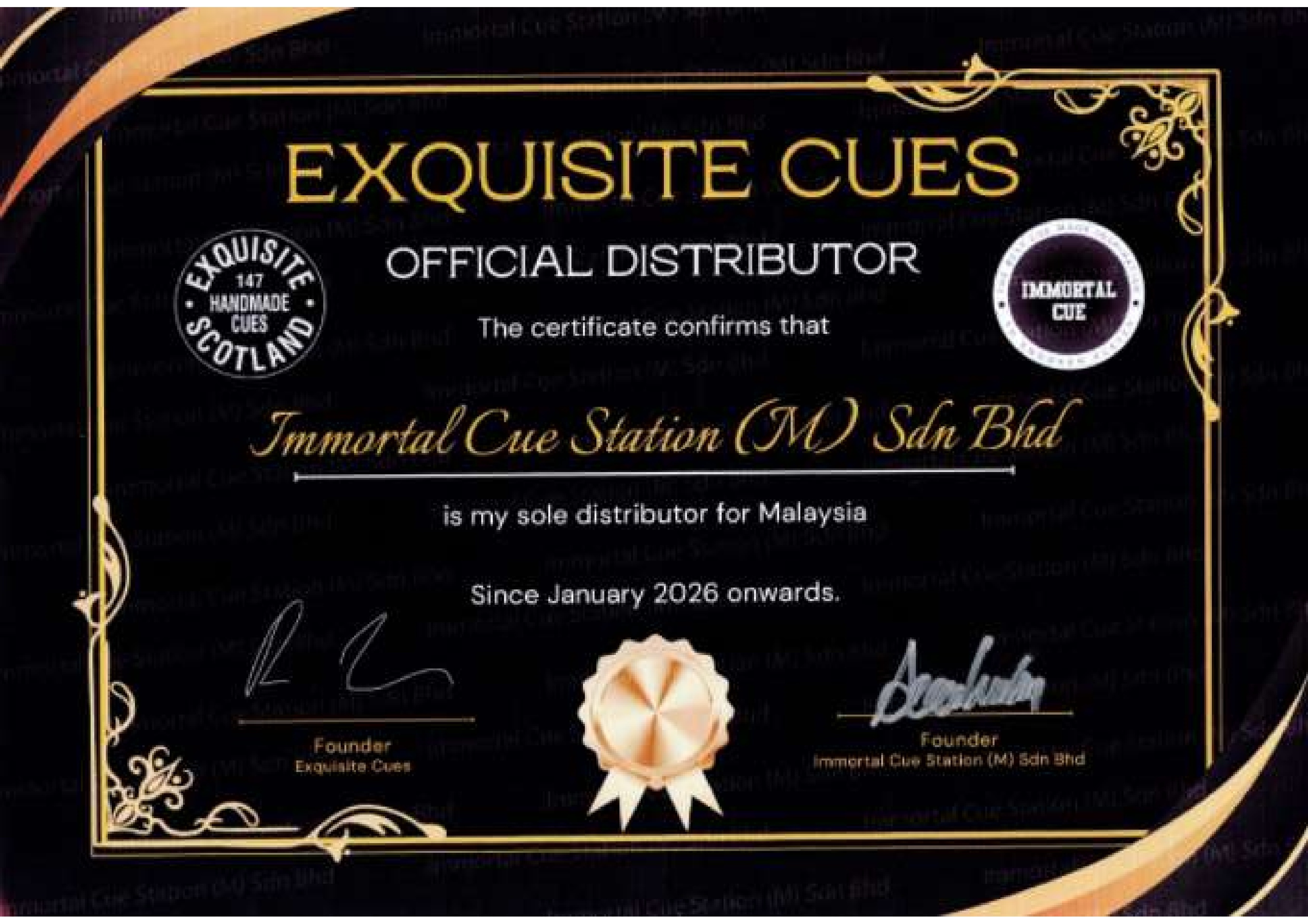 Asia Cues authorized dealer certificate