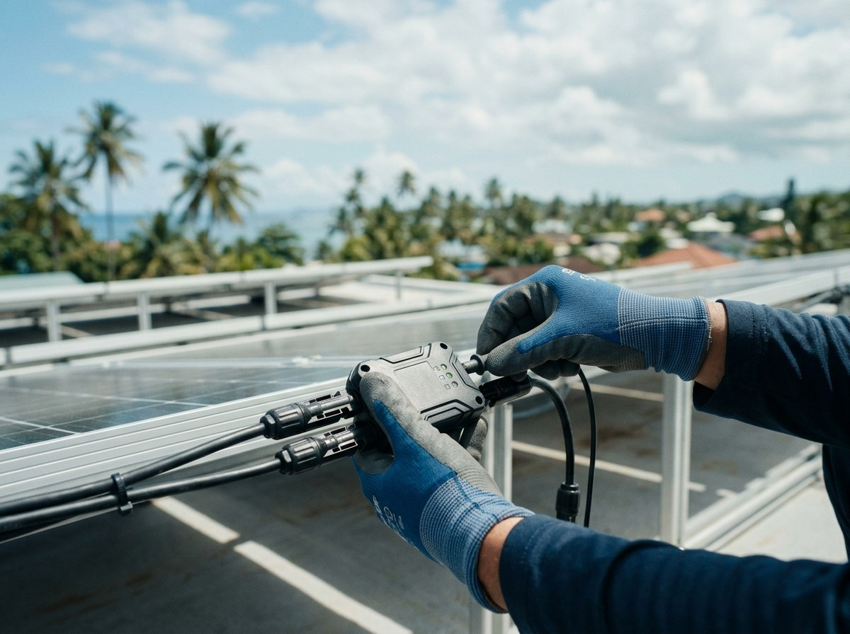 Gloved hands connecting a module-level electronics unit on a rooftop array with MC4 leads